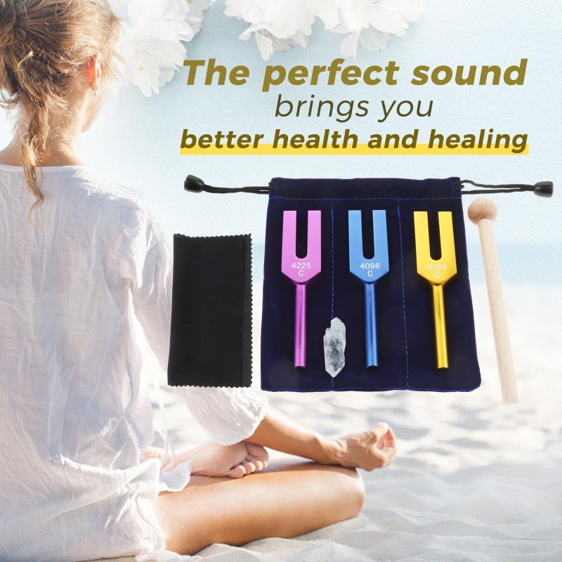 Lemfema Angel Tuning Forks Set - 4096 Hz, 4160 Hz, 4225 Hz for Sound, Musical Instrument, with Wooden Hammer and Soft Storage Bag(Colorful) - Image 5