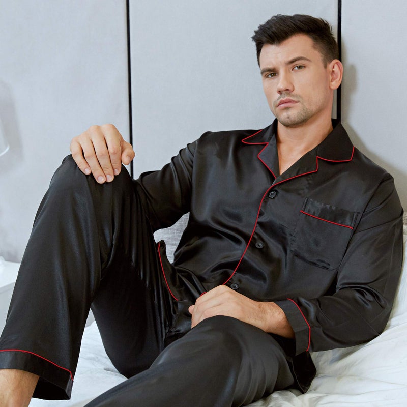 Lonxu Pajamas Set Mens Silk Satin Pajamas Long Sleeve Loungewear Two-Piece Sleepwear Button-Down Pj Set S-XXXXL (Black Red, L) - Image 2
