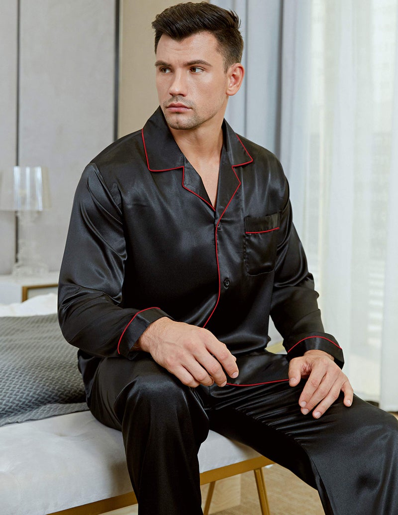 Lonxu Pajamas Set Mens Silk Satin Pajamas Long Sleeve Loungewear Two-Piece Sleepwear Button-Down Pj Set S-XXXXL (Black Red, L) - Image 4