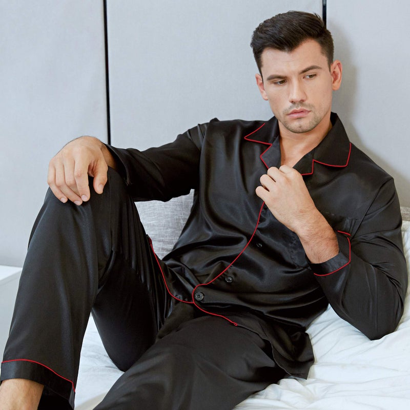 Lonxu Pajamas Set Mens Silk Satin Pajamas Long Sleeve Loungewear Two-Piece Sleepwear Button-Down Pj Set S-XXXXL (Black Red, L) - Image 3