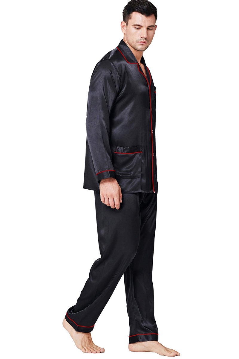 Lonxu Pajamas Set Mens Silk Satin Pajamas Long Sleeve Loungewear Two-Piece Sleepwear Button-Down Pj Set S-XXXXL (Black Red, L) - Image 1