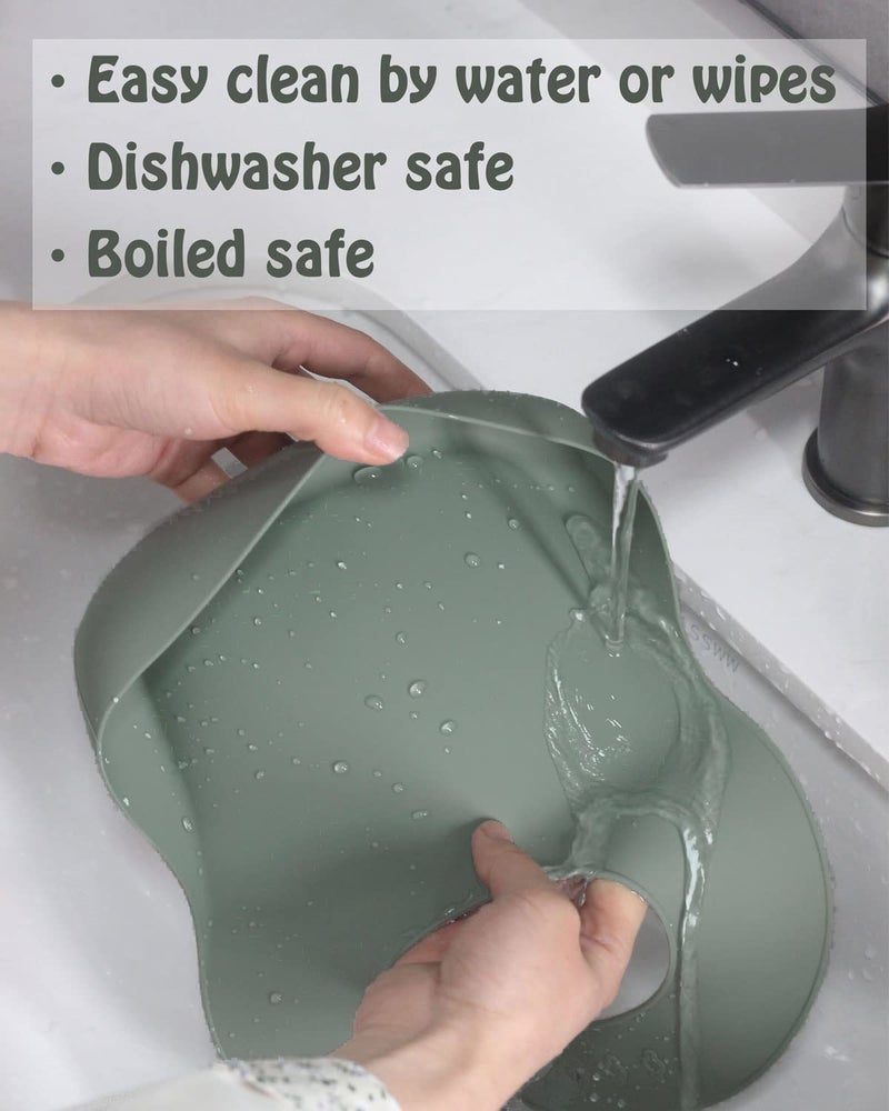 Ginbear Silicone Bibs for Babies, Waterproof Adjustable Silicon Rubber Baby Feeding Bibs with Food Catcher Pocket for Toddlers 6 Months+ (Dark Sage/Almond) - Image 4