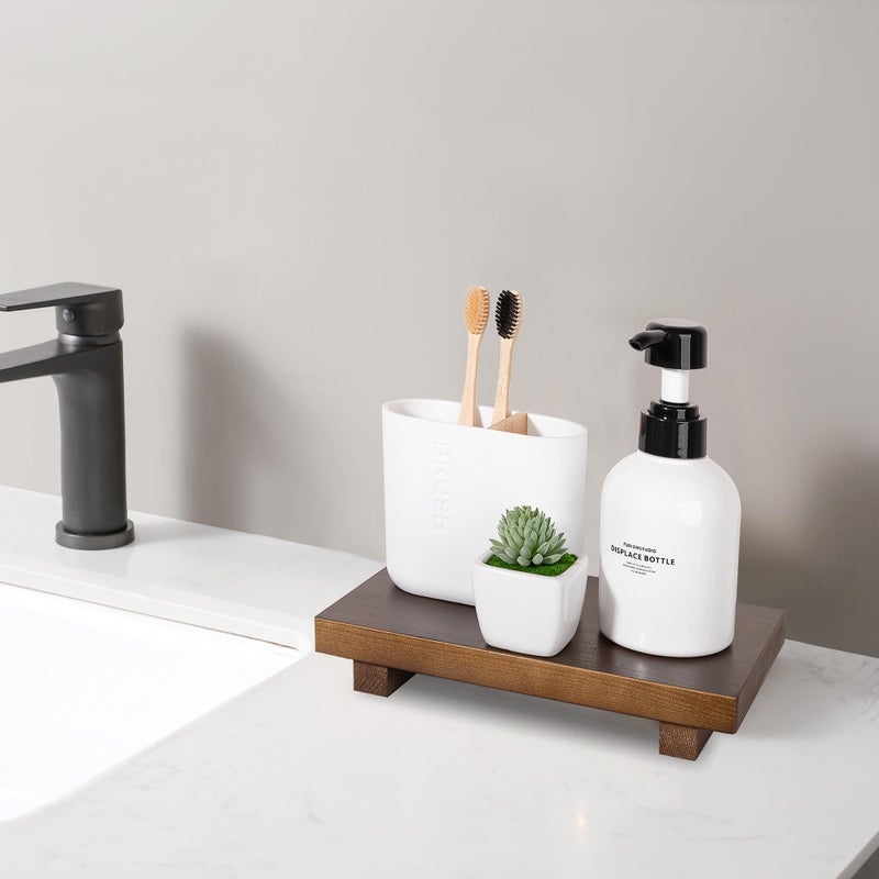 zoocatia Bathroom Counter Organizer Wood Pedestal Stand Farmhouse Decorative Tray Soap Holder for Kitchen Decor, 9" x 6" - Walnut - Image 2