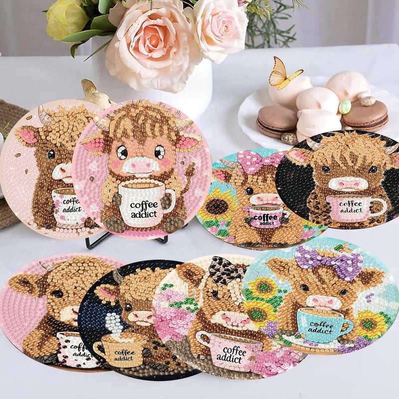 mrpwnle 8 Pack Cow Diamond Art Coasters Kits, Highland Cow Diamond Painting Coasters Kits Set with Holder Cork Pads, DIY Diamonds Art Non Slip Coaster Crafts Supplies Kit - Image 3