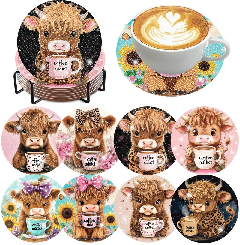 mrpwnle 8 Pack Cow Diamond Art Coasters Kits, Highland Cow Diamond Painting Coasters Kits Set with Holder Cork Pads, DIY Diamonds Art Non Slip Coaster Crafts Supplies Kit - Image 1