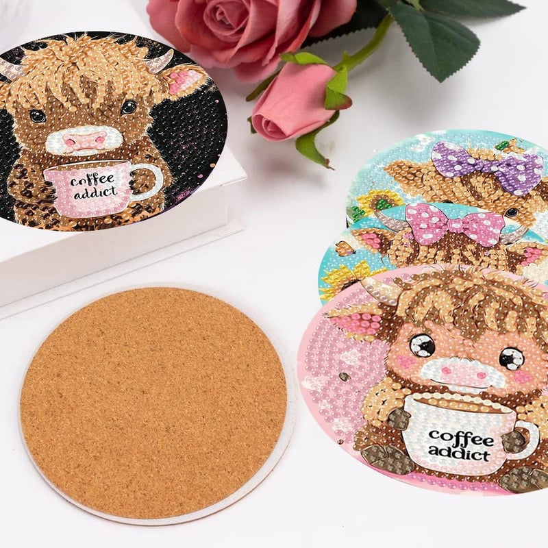 mrpwnle 8 Pack Cow Diamond Art Coasters Kits, Highland Cow Diamond Painting Coasters Kits Set with Holder Cork Pads, DIY Diamonds Art Non Slip Coaster Crafts Supplies Kit - Image 4