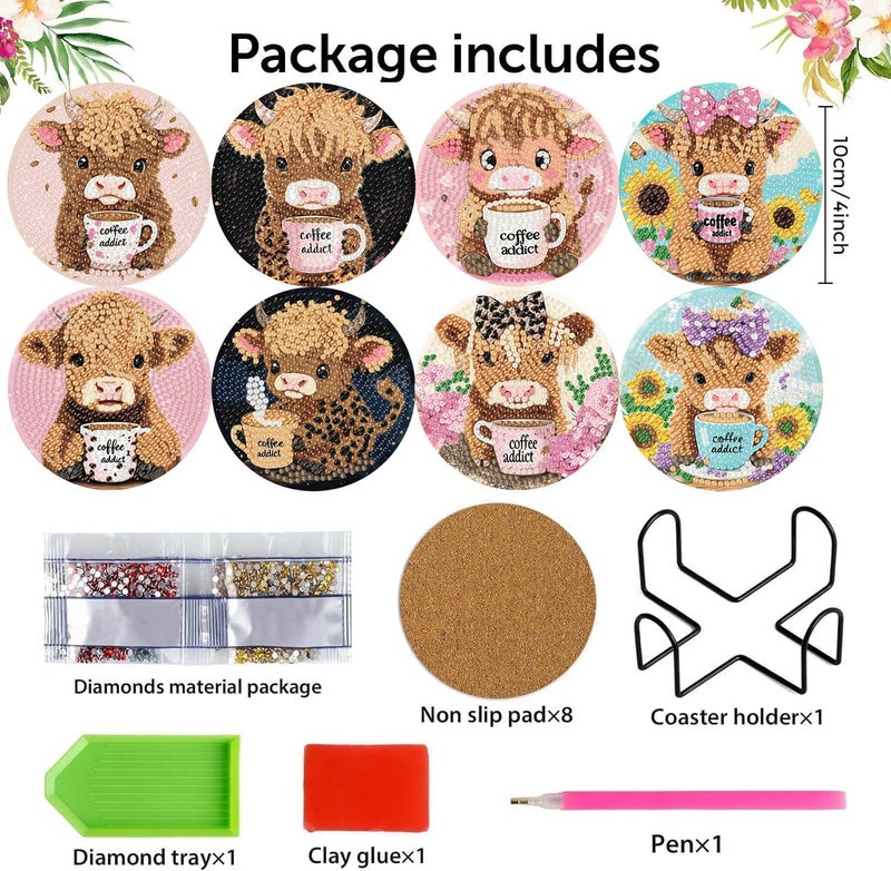mrpwnle 8 Pack Cow Diamond Art Coasters Kits, Highland Cow Diamond Painting Coasters Kits Set with Holder Cork Pads, DIY Diamonds Art Non Slip Coaster Crafts Supplies Kit - Image 2