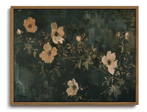 KISSFOX Framed Wall Art Vintage Wall Art Flowers Canvas Art Dark Green Pictures Floral Paintings Moody Artwork Farmhouse Prints For Bedroom Kitchen Living Room - Image 1