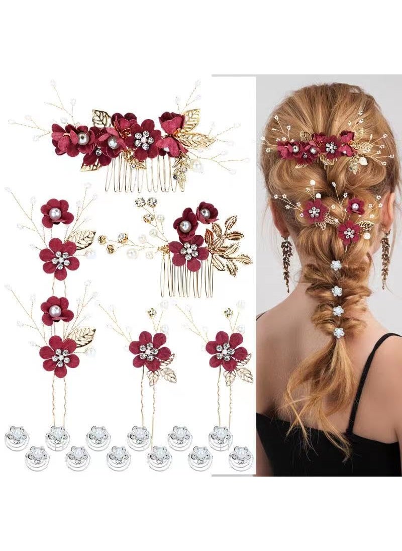 Cinaci Cinaci 18 Pieces Bridal Wedding Party Prom Pearl Rhinestone Burgundy Flower Hair Side Combs SlidesUshaped Flower Hair PinsTwist Spiral Hairpins Floral Headpieces for Brides Bridesmaids Women Girls 