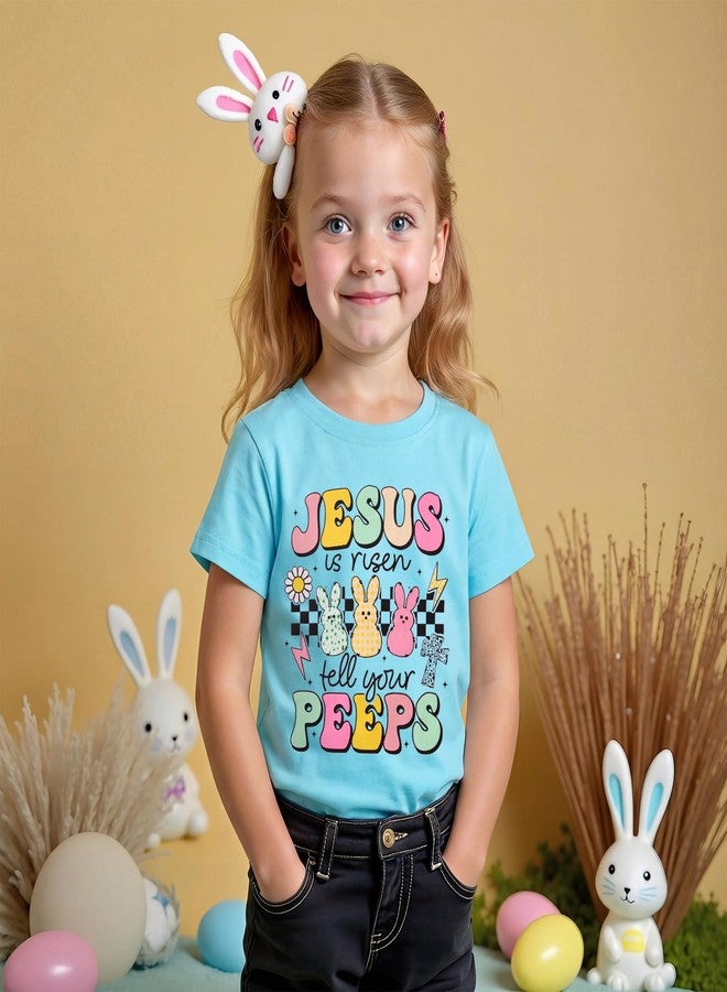KEKEMI Kid Toddler Girls Easter Shirts Jesus is Risen Tell Your Peeps T Shirt Bunny Tees Christian Outfit Short Sleeve Tops(Blue,18-24Months) - Image 2