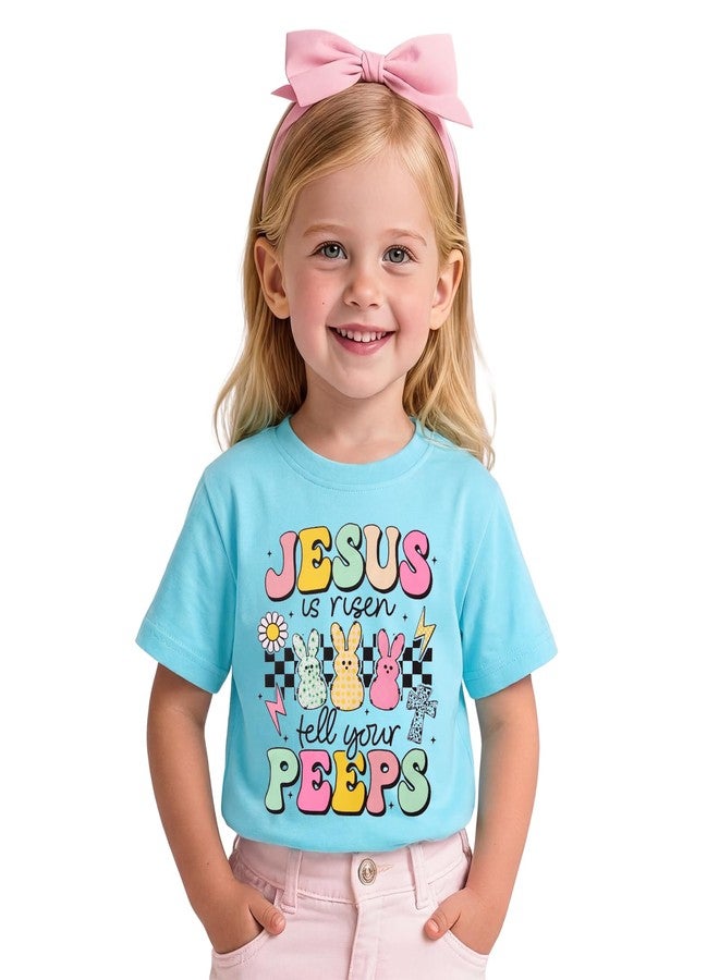 KEKEMI Kid Toddler Girls Easter Shirts Jesus is Risen Tell Your Peeps T Shirt Bunny Tees Christian Outfit Short Sleeve Tops(Blue,18-24Months) - Image 1