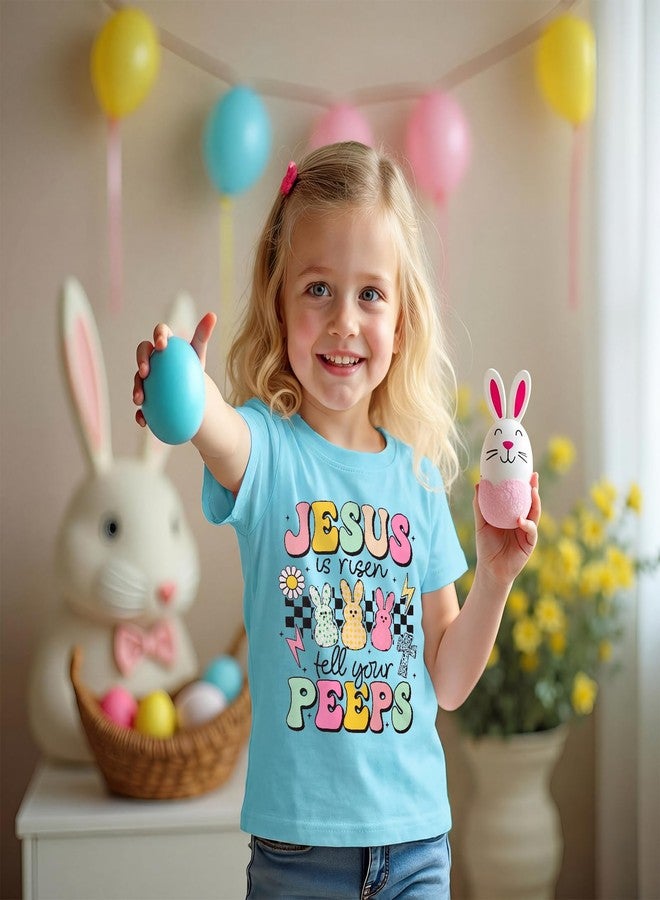 KEKEMI Kid Toddler Girls Easter Shirts Jesus is Risen Tell Your Peeps T Shirt Bunny Tees Christian Outfit Short Sleeve Tops(Blue,18-24Months) - Image 4