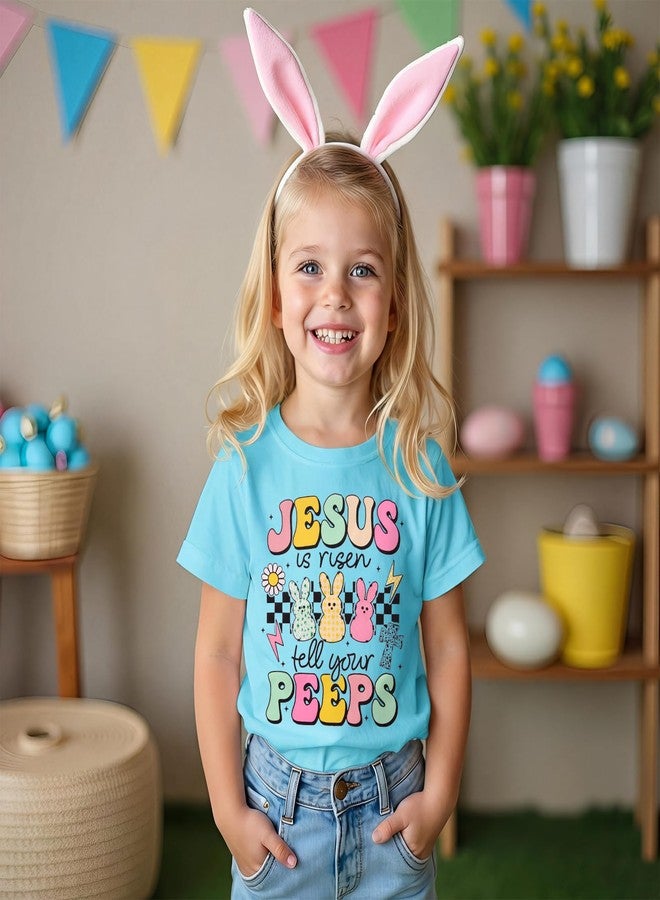 KEKEMI Kid Toddler Girls Easter Shirts Jesus is Risen Tell Your Peeps T Shirt Bunny Tees Christian Outfit Short Sleeve Tops(Blue,18-24Months) - Image 3