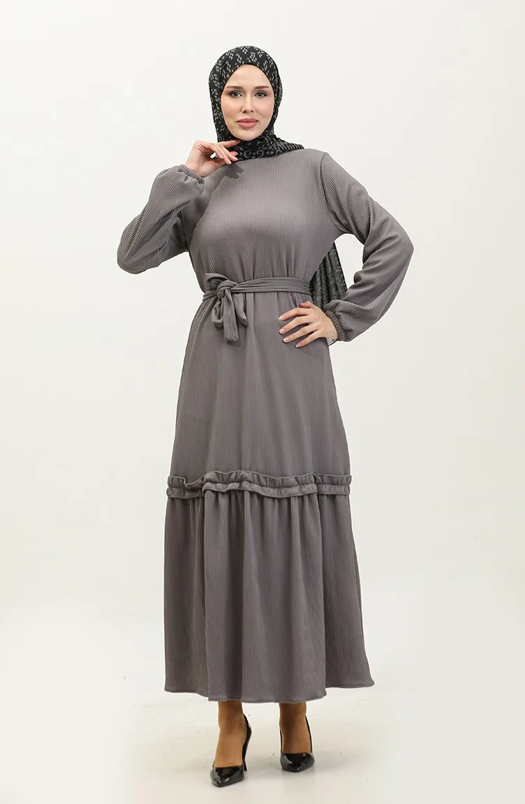 Sefa Merve Belgüzar Skirt Pleated Dress NZR003A-11 Gray