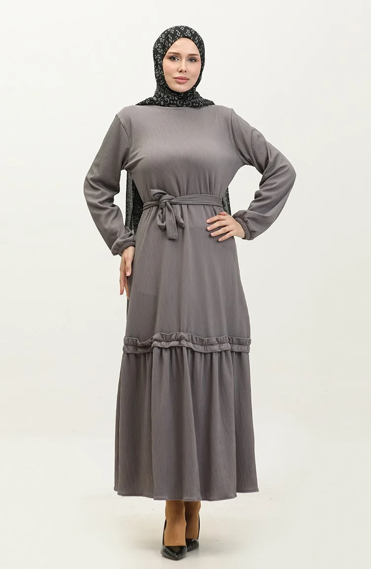 Sefa Merve Belgüzar Skirt Pleated Dress NZR003A-11 Gray