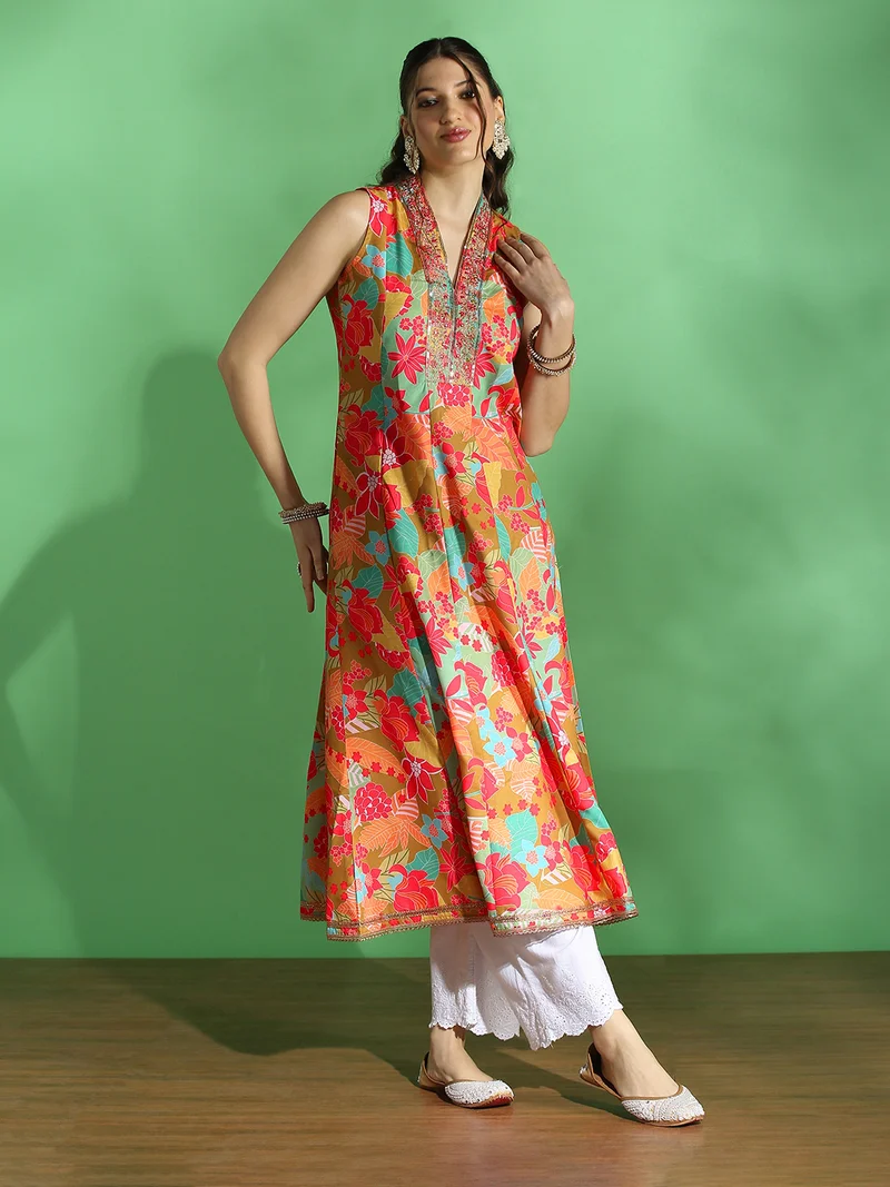 Globus Women Yellow Floral Print Embroidered Zari Work V-Neck Panelled Anarkali Festive Kurta