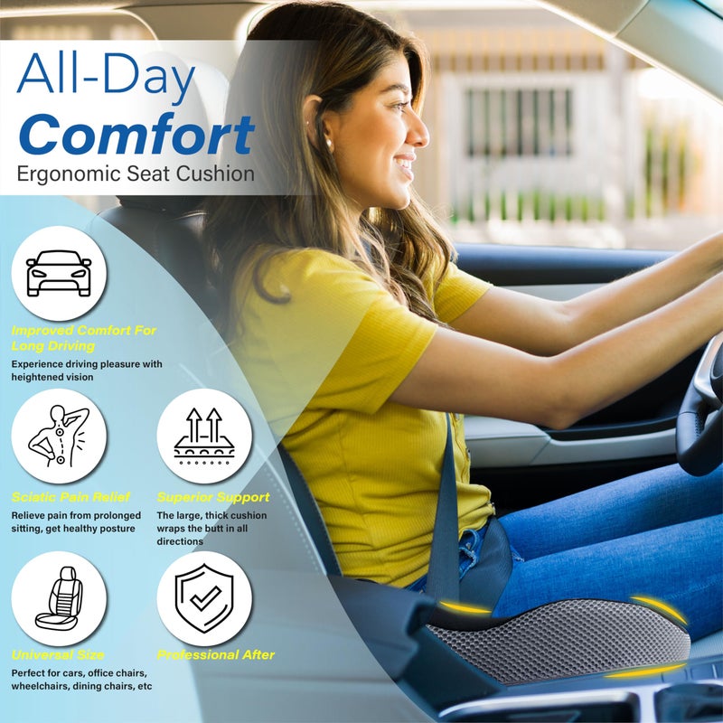 Allaboutsla Car Seat Cushion, Ergonomic Memory Foam Car Cushion for Sciatica Pain Relief, Larger Driving Seat Pillow for Short Drivers on Long Drives - Butt Pillow for Truck, Office, Wheelchair - Black&Gray - Image 2