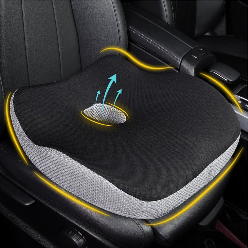 Allaboutsla Car Seat Cushion, Ergonomic Memory Foam Car Cushion for Sciatica Pain Relief, Larger Driving Seat Pillow for Short Drivers on Long Drives - Butt Pillow for Truck, Office, Wheelchair - Black&Gray - Image 1