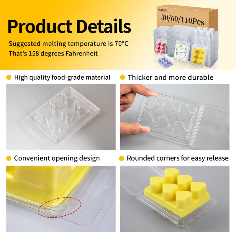 MGLIFEUL Wax Melt Container Clamshell Packaging Mold Box Stand for Plastic Clear Empty Wax Candle Melt Tart Packaging Cube Container Clamshell Mold Holder Organizer Tray Empty Shape Bulk wth Lids - Image 4