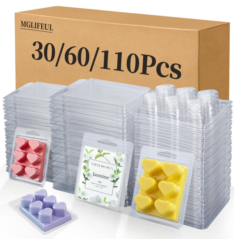 MGLIFEUL Wax Melt Container Clamshell Packaging Mold Box Stand for Plastic Clear Empty Wax Candle Melt Tart Packaging Cube Container Clamshell Mold Holder Organizer Tray Empty Shape Bulk wth Lids - Image 1