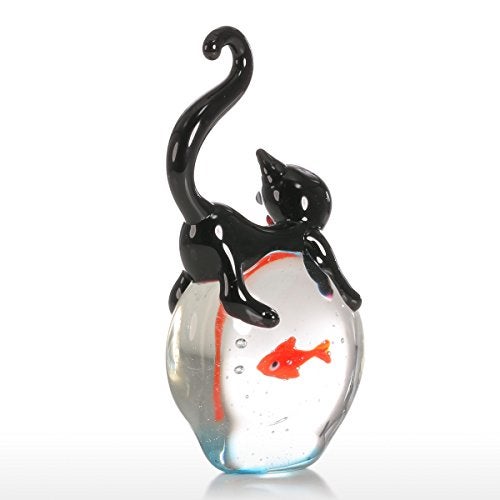 Tooarts Cat and Goldfish Sculpture Glass Ornament Cat Figurine Hand Blown, Christmas Birthday Gift [Black & Red] - Image 3