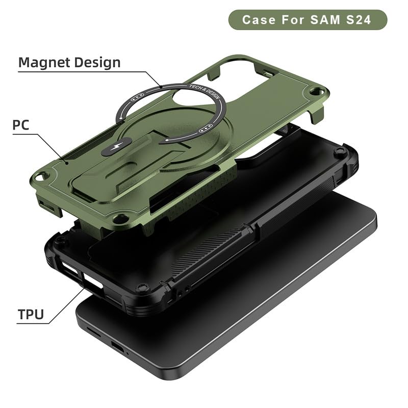 US LITE Back Cover for Samsung Galaxy S24 with Portable Kickstand | Mag-Safe Compatible Magnetic Case | Shockproof Military Grade Protection | Extreme Protection Phone Cover – Green - Image 4