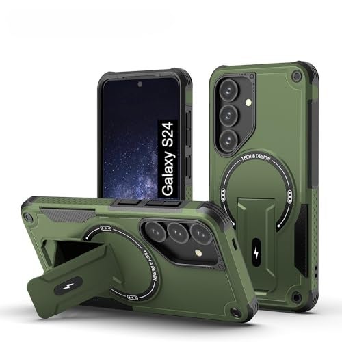 US LITE Back Cover for Samsung Galaxy S24 with Portable Kickstand | Mag-Safe Compatible Magnetic Case | Shockproof Military Grade Protection | Extreme Protection Phone Cover – Green - Image 1