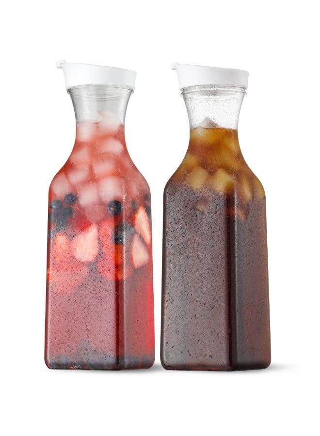 Plastic 50 Oz Water Carafe with Flip Top Lid, Set of 2 Square Base Juice Containers, Clear Plastic Pitcher - for Water, Iced Tea, Juice, Beverage, Cold Brew and Mimosa Bar - Hand WASH ONLY - Image 1