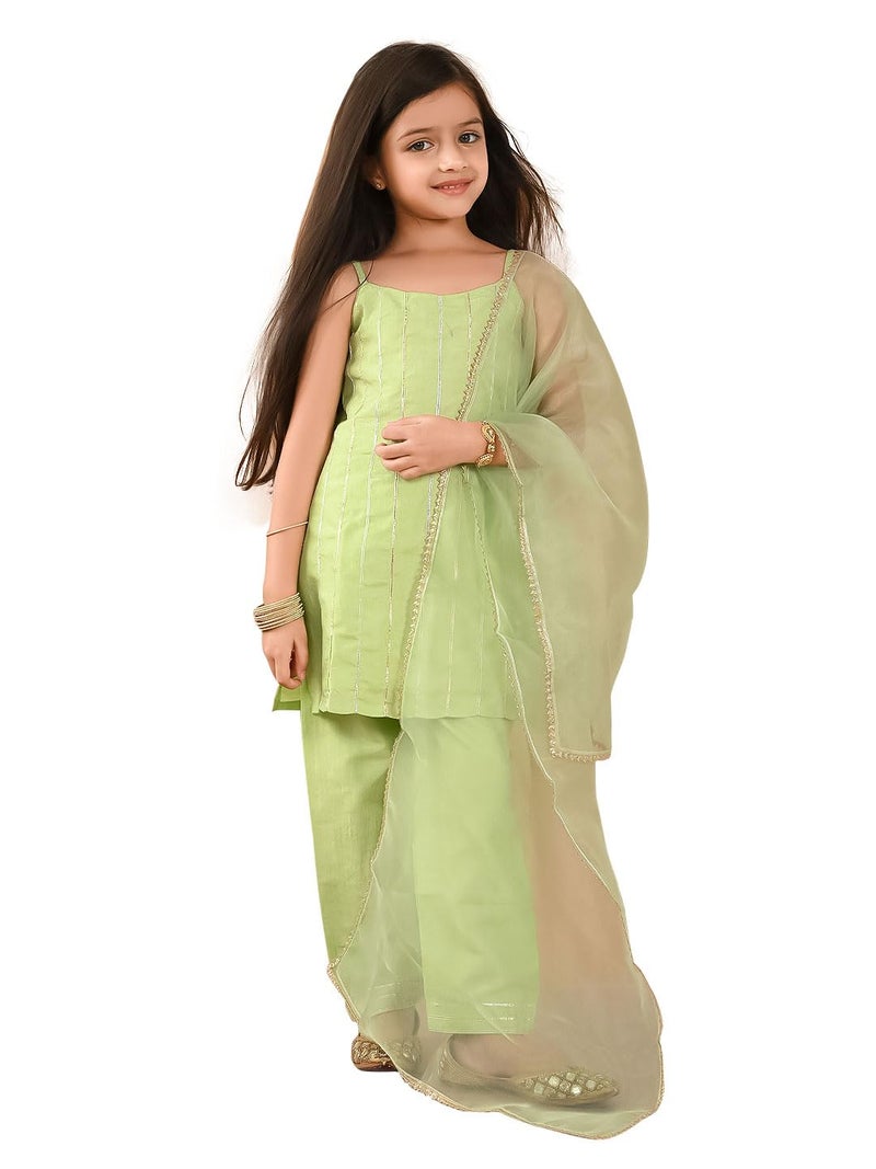 LILPICKS Gota Patti Embellished Sleeveless Kurta Palazzo Set with Dupatta for Girls (Light Green) (5-6Y) - Image 1