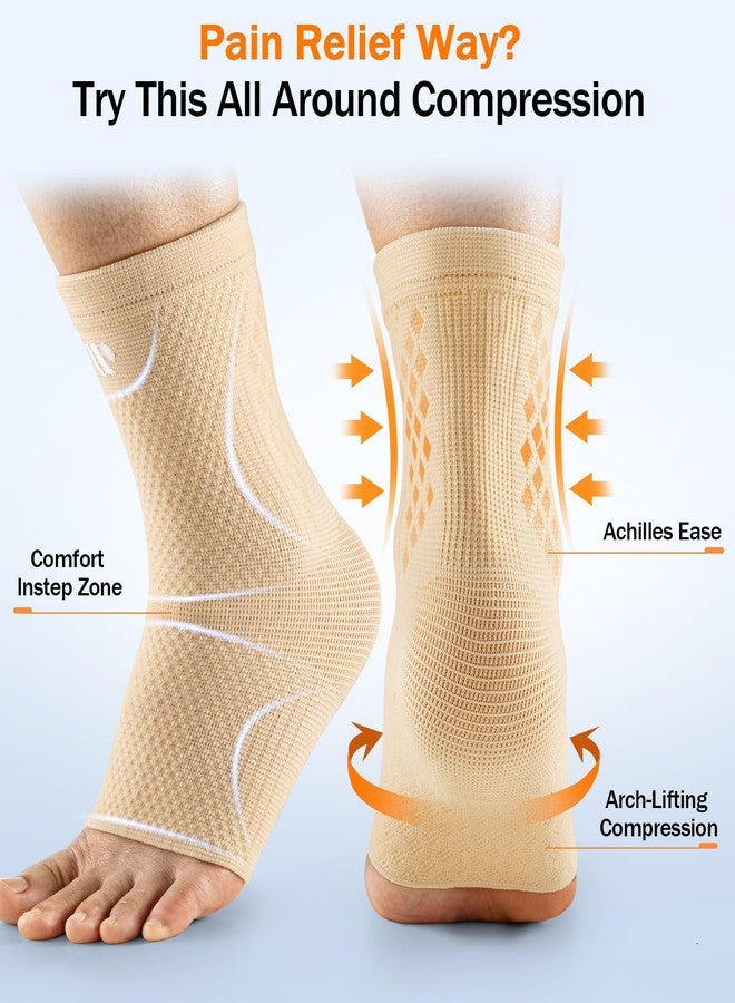 WHCOOL Low-Profile Ankle Braces for Women & Men, Customizable Ankle Compression Sleeve w/Wide Strap, Foot Support Wrap for Plantar Fasciitis Pain Relief, Achilles Tendonitis, Sprain, Beige, 1 Pair, S - Image 2