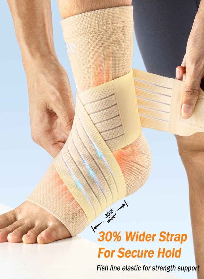 WHCOOL Low-Profile Ankle Braces for Women & Men, Customizable Ankle Compression Sleeve w/Wide Strap, Foot Support Wrap for Plantar Fasciitis Pain Relief, Achilles Tendonitis, Sprain, Beige, 1 Pair, S - Image 3