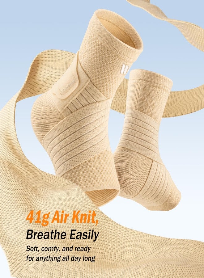 WHCOOL Low-Profile Ankle Braces for Women & Men, Customizable Ankle Compression Sleeve w/Wide Strap, Foot Support Wrap for Plantar Fasciitis Pain Relief, Achilles Tendonitis, Sprain, Beige, 1 Pair, S - Image 4