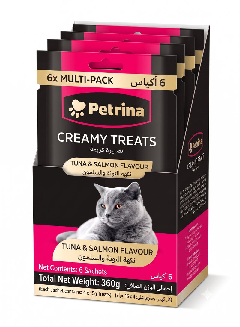 Petrina Creamy Treats for Cats Tuna & Salmon Flavor – 15g Lickable Puree Squeeze Sachets (Pack of 6, 24 x 15g - Total 360g) | High Protein Real Fish Wet Cat Food Topper & Reward Paste with Taurine, Vitamin E & B3 for Kittens & Adult Cats - Image 1