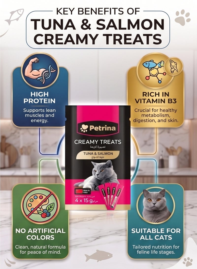 Petrina Creamy Treats for Cats Tuna & Salmon Flavor – 15g Lickable Puree Squeeze Sachets (Pack of 6, 24 x 15g - Total 360g) | High Protein Real Fish Wet Cat Food Topper & Reward Paste with Taurine, Vitamin E & B3 for Kittens & Adult Cats - Image 3