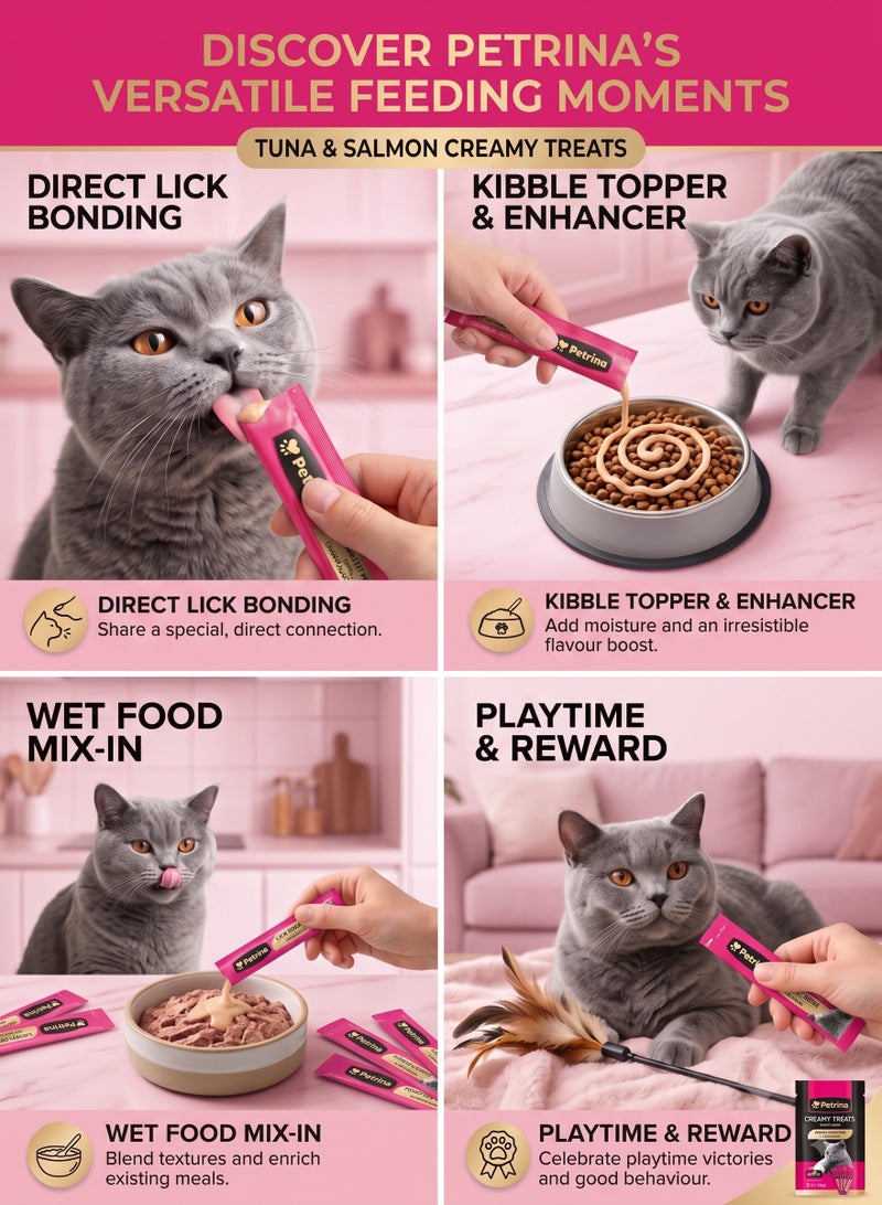 Petrina Creamy Treats for Cats Tuna & Salmon Flavor – 15g Lickable Puree Squeeze Sachets (Pack of 6, 24 x 15g - Total 360g) | High Protein Real Fish Wet Cat Food Topper & Reward Paste with Taurine, Vitamin E & B3 for Kittens & Adult Cats - Image 5