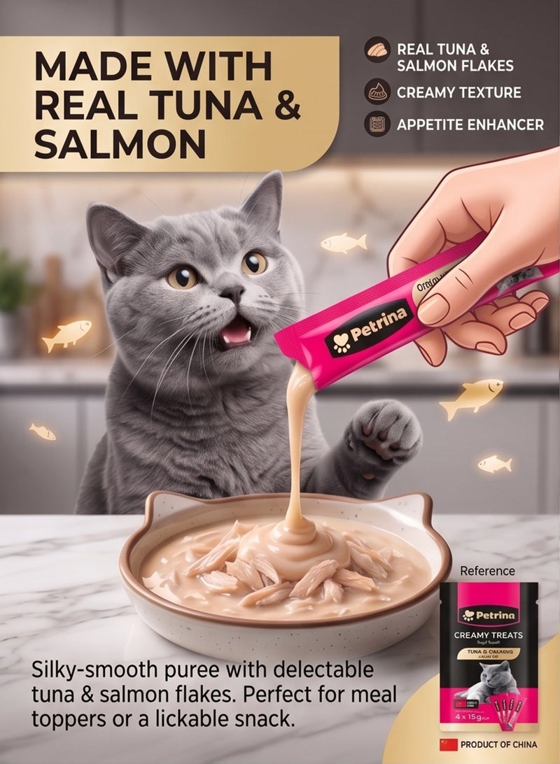 Petrina Creamy Treats for Cats Tuna & Salmon Flavor – 15g Lickable Puree Squeeze Sachets (Pack of 6, 24 x 15g - Total 360g) | High Protein Real Fish Wet Cat Food Topper & Reward Paste with Taurine, Vitamin E & B3 for Kittens & Adult Cats - Image 2