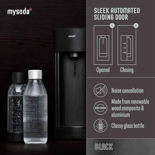 Mysoda Glassy Soda Maker + 1L Glass and 1L Plastic Bottle - Silent Carbonated Water Machine Soda Maker with Sliding Door Opening - No Cylinder Included - Black - Image 2