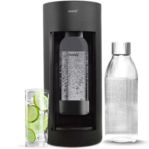 Mysoda Glassy Soda Maker + 1L Glass and 1L Plastic Bottle - Silent Carbonated Water Machine Soda Maker with Sliding Door Opening - No Cylinder Included - Black - Image 1