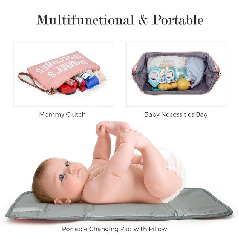 printe Large Diaper Bag Tote with Changing Pad, 2 Organized Pouches, Mom's Bag for Hospital with Pacifier Case, Straps, Stroller Hook, Hospital Weekender Travel Pink Baby Diaper Tote Bag - Image 5