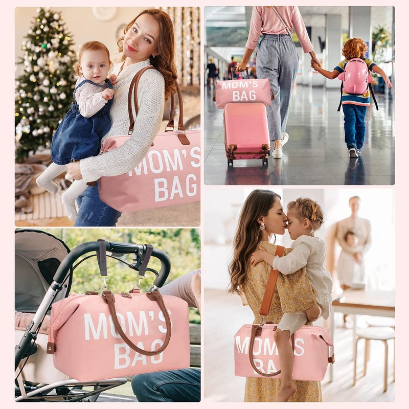 printe Large Diaper Bag Tote with Changing Pad, 2 Organized Pouches, Mom's Bag for Hospital with Pacifier Case, Straps, Stroller Hook, Hospital Weekender Travel Pink Baby Diaper Tote Bag - Image 2
