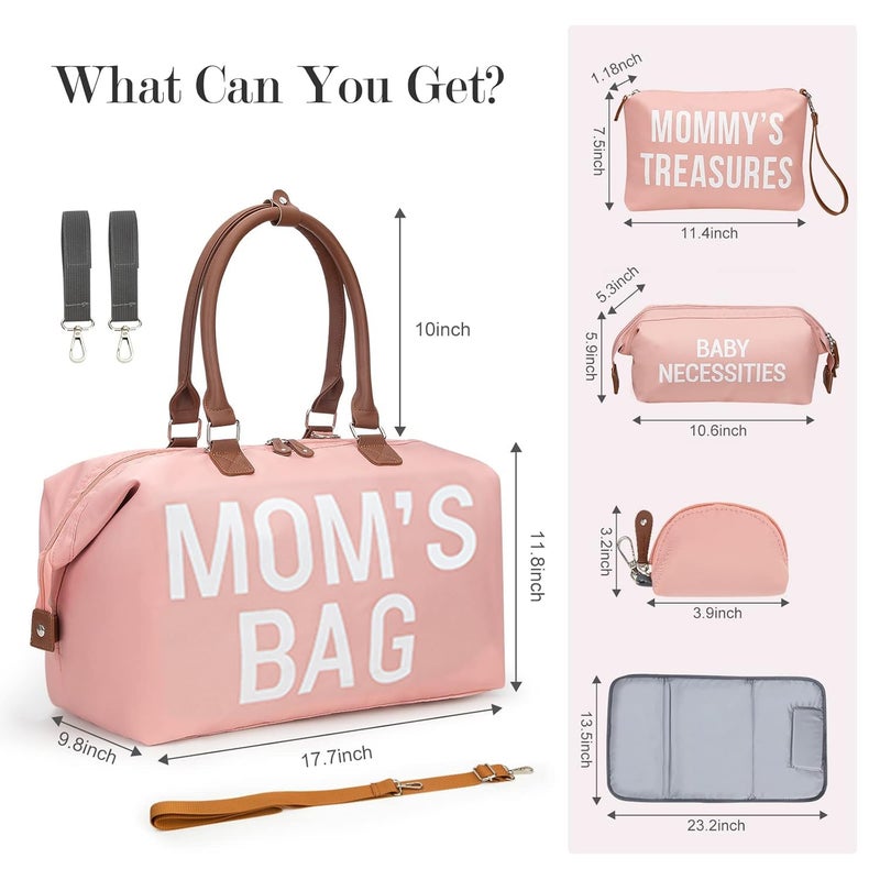 printe Large Diaper Bag Tote with Changing Pad, 2 Organized Pouches, Mom's Bag for Hospital with Pacifier Case, Straps, Stroller Hook, Hospital Weekender Travel Pink Baby Diaper Tote Bag - Image 3