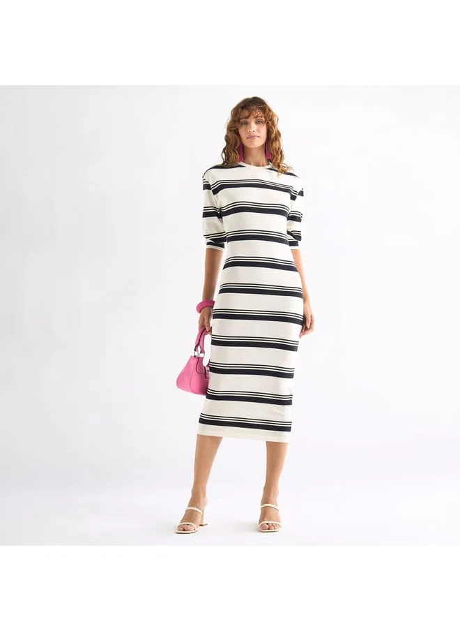 FAV Striped Bodycon Dress with Round Neck and 3/4 Sleeves