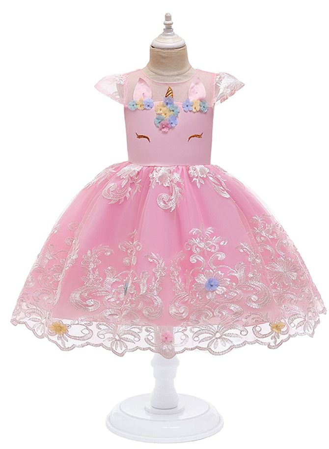 Loquat Summer new unicorn children's dress princess skirt children's dress girls PINK  - Image 1