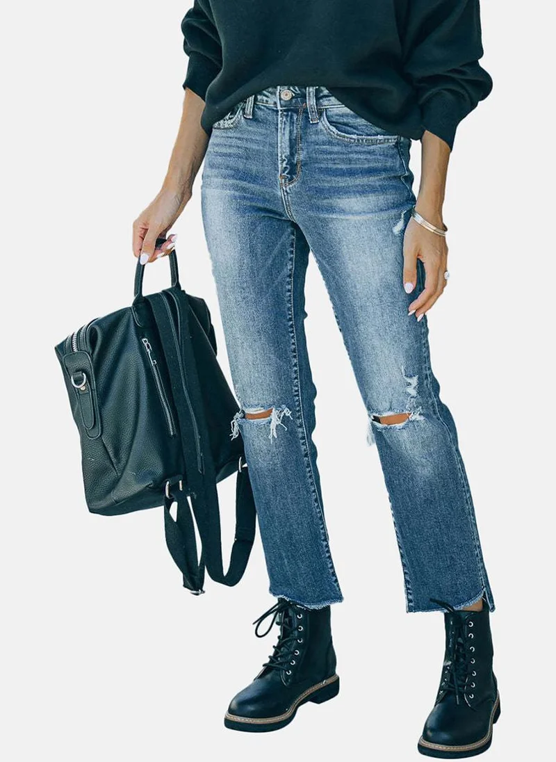 يونيكي Blue Straight Fit Slash Knee High-Rise Jeans