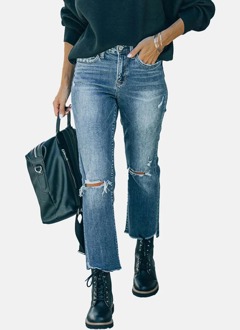 يونيكي Blue Straight Fit Slash Knee High-Rise Jeans