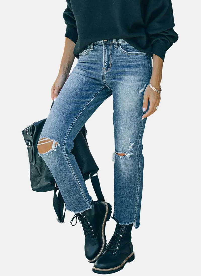 يونيكي Blue Straight Fit Slash Knee High-Rise Jeans