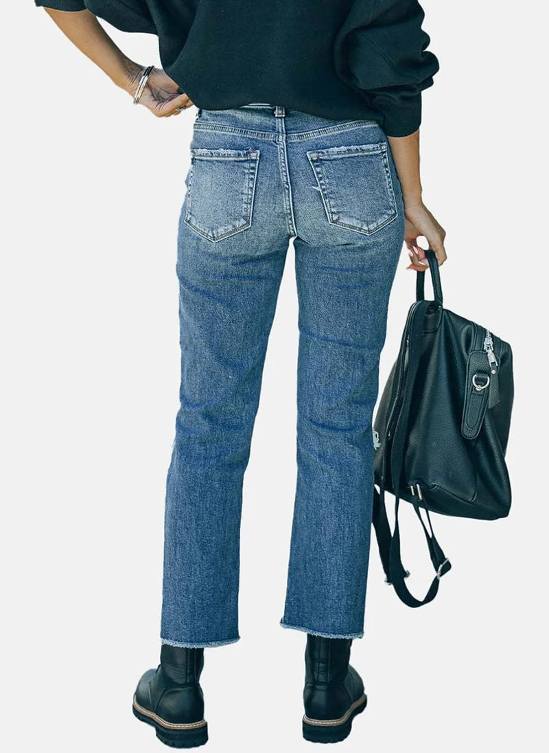 يونيكي Blue Straight Fit Slash Knee High-Rise Jeans