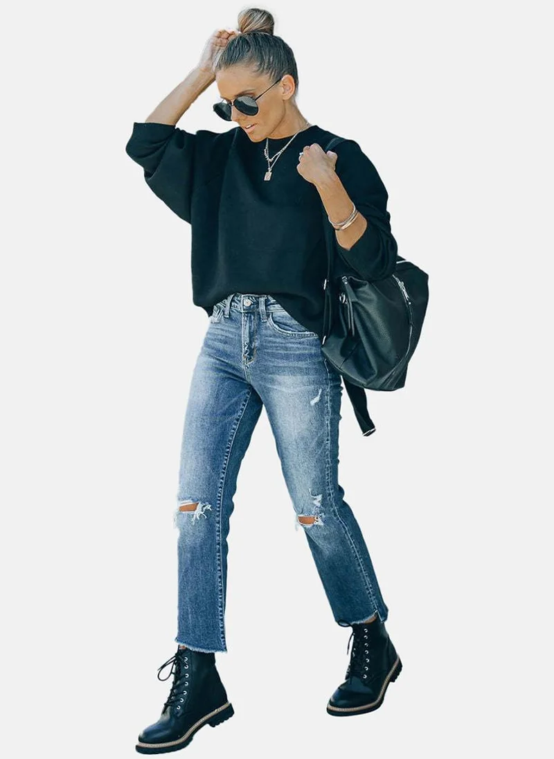 يونيكي Blue Straight Fit Slash Knee High-Rise Jeans