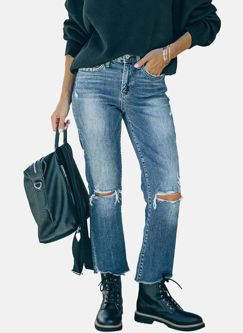 يونيكي Blue Straight Fit Slash Knee High-Rise Jeans