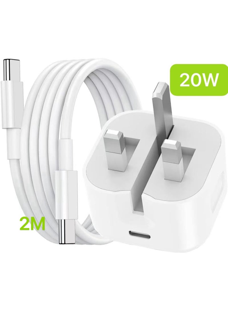 حقل شاحن سريع بقوة 20 واط | شاحن حائط USB-C سريع مع كابل شحن من نوع C إلى C بطول مترين متوافق مع آيفون 17/16/15، آيباد، ماك بوك، سامسونغ وجميع الأجهزة المحمولة ذات منفذ Type-C - Image 1